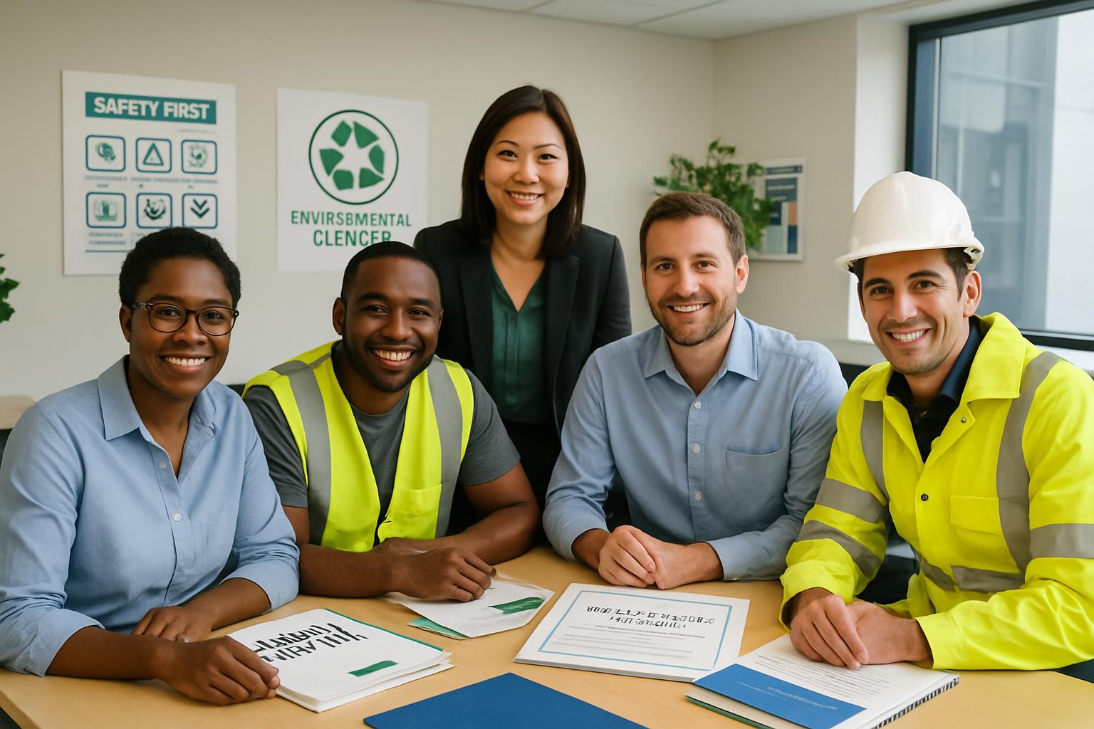 Professional diverse team of environmental cleanup specialists in training and workplace environment