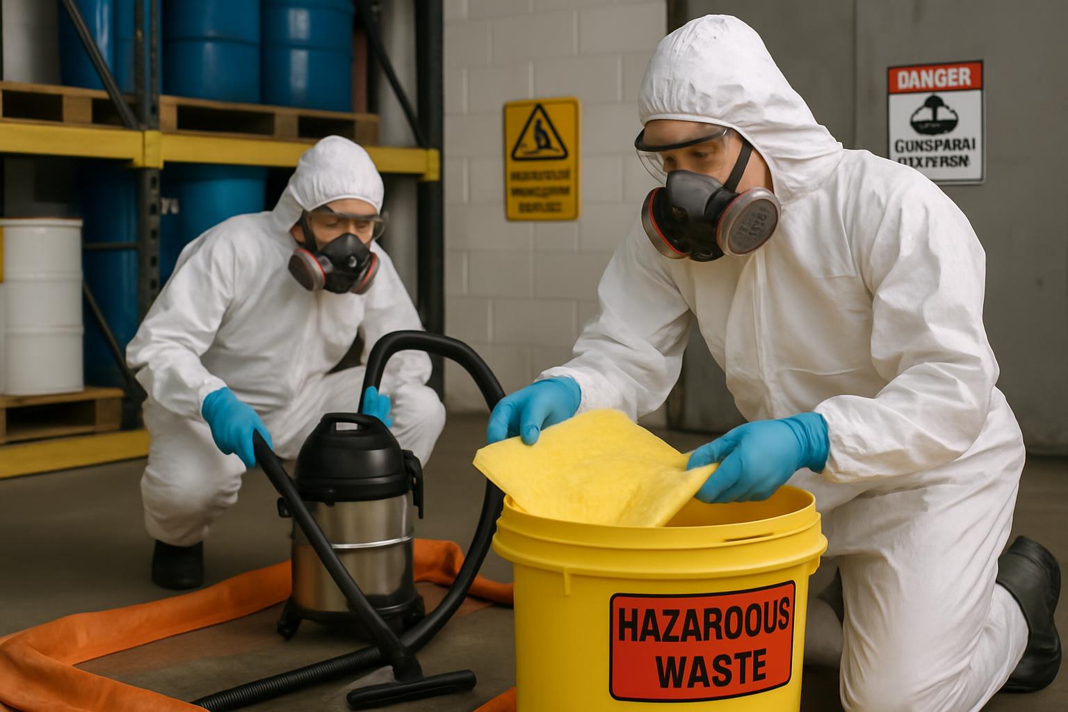 Professional environmental cleanup specialists in protective gear responding to hazardous material spill